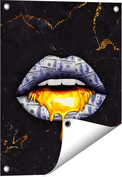 Gards Tuinposter Dollar Lippen met Goud - 40x50 cm - Tuindoek - Tuindecoratie - Wanddecoratie buiten - Tuinschilderij
