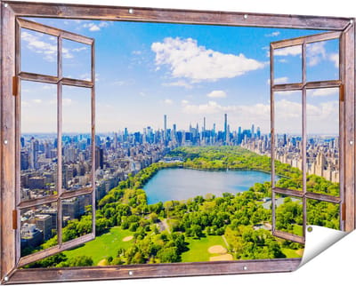 Gards Tuinposter Doorkijk Central Park in New York met Wolkenkrabbers - 150x100 cm - Tuindoek - Tuindecoratie - Wanddecoratie buiten - Tuinschilderij