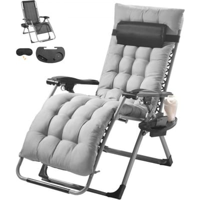 VEVOR Zero Gravity Chair, 26-inch Zero Gravity relaxfauteuil voor binnen en buiten, verstelbare anti-zwaartekrachtstoel met kussen, hoofdsteun, voetensteun en bekerhouder, 500 lbs, grijs