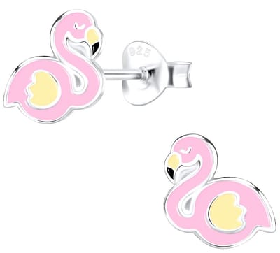 Joy|S - Zilveren flamingo oorbellen - 8 x 7 mm - roze geel - kinderoorbellen - vogel
