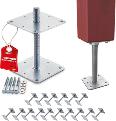 SOTECH set van 16 paaldragers 160 x 160 x 250 mm schroefdraad M24 staal thermisch verzinkt grondplaat in hoogte verstelbare paalhouder om vast te schroeven weerbestendig
