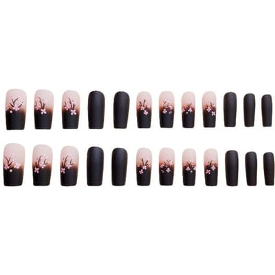 24 Stuks Franse Plaknagels Vierkante Valse Nagels Met Lijm Bloemen Planten Design Nepnagels Afneembaar Eenvoudige Nageltips 24pcs black