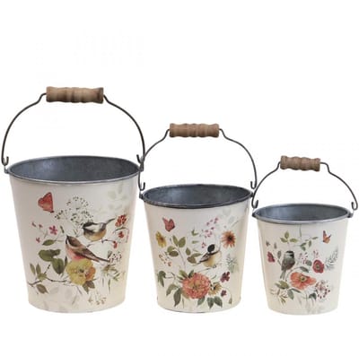 Metalen plantenbak/emmer met handvat, Ø14/11/9,5 cm, set van 3