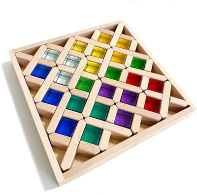 24 transparante acrylblokken+16 houten PLUS X-bouwblokken met obergbox|lucent cubes|gems|openend play|montessori|licht tafel|regenboog|transparent