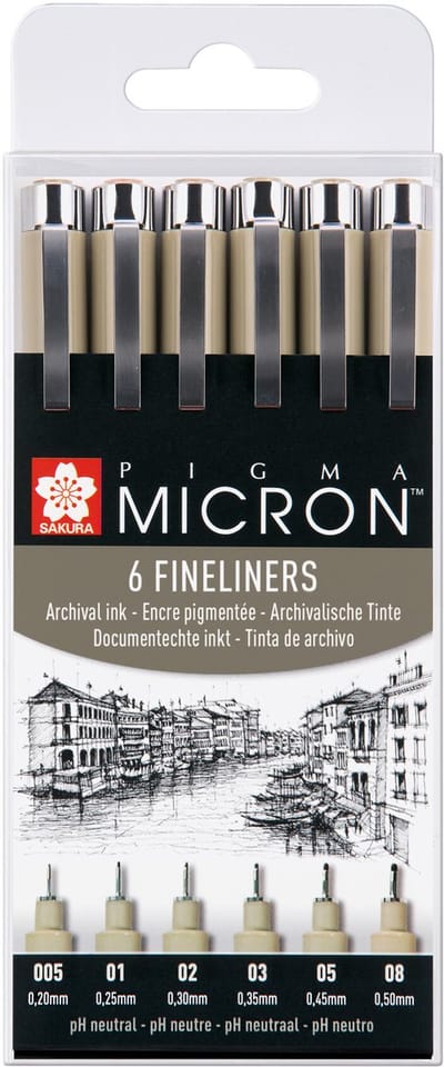 Fineliner sakura pigma micron 6 breedtes zwart | 6 stuks