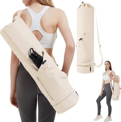 Yogamat Tas - Yogatas Met Trekkoord En Opbergvakje - Yoga Bag - Fitness Tas - Sporttas - Pilates Tas - Waterproof - Universeel - Gymnastiekmat Tas - Schoudertas - Multifunctionele Opbergtas - Voorzien Van Draagriem - Wit