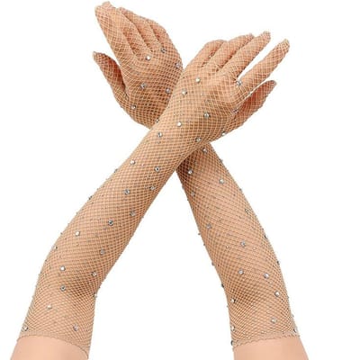 Mode Diamant Glanzende Mesh Handschoenen Hol Ademend Dames Sexy Hoge Elasticiteit Visnet Handschoenen Halloween Feest Carnaval Cosplay One Size brown