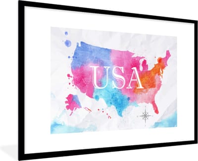 Poster in lijst - Fotolijst 90x60 cm - Posters - Amerika - Wereldkaart - Waterverf - Posterlijst zwart - Decoratie - Wanddecoratie woonkamer - Muurdecoratie slaapkamer