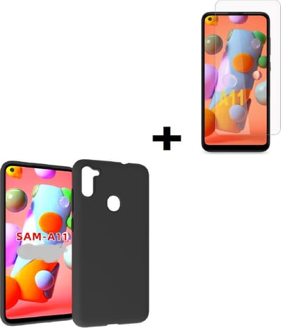 Geschikt voor Samsung Galaxy A11 hoes TPU Siliconen Case hoesje Zwart + Screenprotector Tempered Gehard Glas Pearlycase