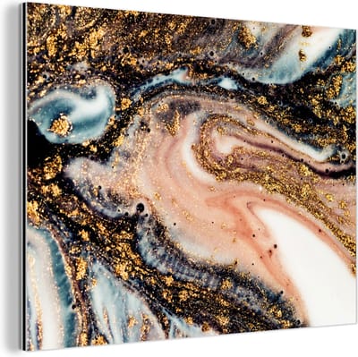 Wanddecoratie Metaal - Aluminium Schilderij Industrieel - Marmerlook - Goud - Zwart - Glitter - Chic - 80x60 cm - Dibond - Foto op aluminium - Industriële muurdecoratie - Voor de woonkamer/slaapkamer