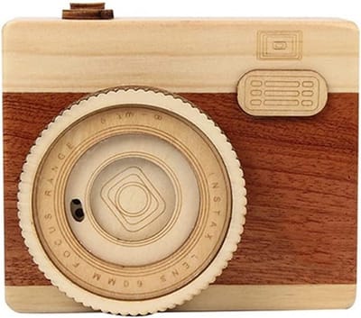 Muziekdoos Camera - Houten Decoratie - Cadeau Idee - Draait met Muziek - Kleine Camera - Houtkleur