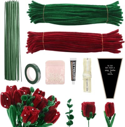 200 Stuks Pijpenragers voor Creatief Knutselen, Bloem Pijpenreiniger met Lijm, DIY Set voor Bloemstukken en Decoraties (Wijnrood + Groen)