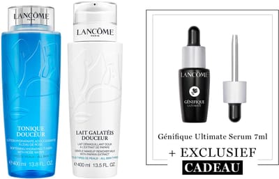 Lancôme 2-Step Gezichtsreiniging Skincare Routine: Make Up Remover | Toner + Cadeau - Galatéis Douceur Face Cleanser 400ml & Tonique Douceur Toner 400ml + Génifique Ultimate Serum 7ml Anti-Aging Moisturizer voor alle Huidtypes Cadeau