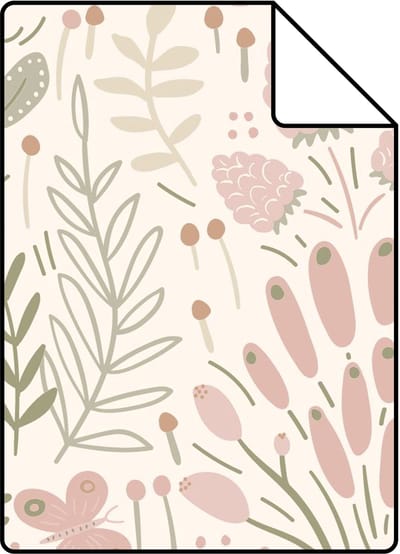 Proefstaal ESTAhome behang bladeren en bloemen wit en licht roze - 26.5 x 21 cm - 131384-S