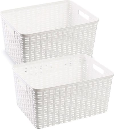 Plasticforte Opbergmand - 2x stuks - Kastmand - rotan kunststof - wit - 18 Liter - 29 x 39 x 20 cm