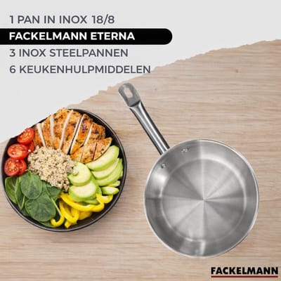 Set 1 pan 20 cm roestvrij staal, 3 roestvrijstalen kookpotten 16, 20 en 24 cm en 6 RPET keukengerei Fackelmann Eterna