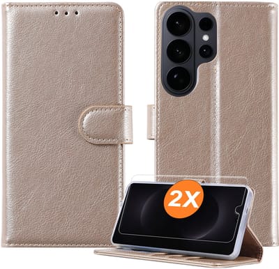 Hoesje geschikt voor Samsung Galaxy S26 Ultra 5G hoesje Goud pasjeshouder telefoon hoes - Met screenprotector tempered glass voor Galaxy S26 Ultra 5G - 2x