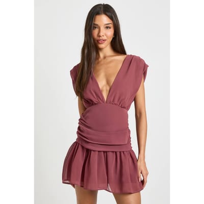 boohoo Dames Chiffon Mini Jurk met Gerimpelde Details en Diepe V-hals | Donker Mauve | Maat: 34