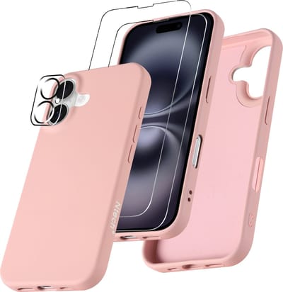 Hoesje Geschikt voor iPhone 16 Plus – Zacht siliconen liquid backcover met 2x screenprotectors gehard glas en 1x lens protector – Zand