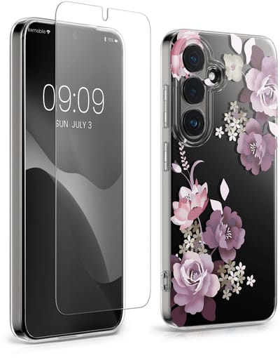 kwmobile telefoonhoesje geschikt voor Samsung Galaxy S26 hoes - Telefoonhoesje voor smartphone - Telefoon cover - Met glazen schermbeschermer - Bloesems en rozen design