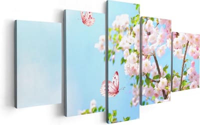 Artaza Canvas Schilderij Vijfluik Twee Roze Vlinders Bij Roze Bloesem Bloemen - 100x50 cm - Wanddecoratie Woonkamer - Schilderijen - Muurdecoratie