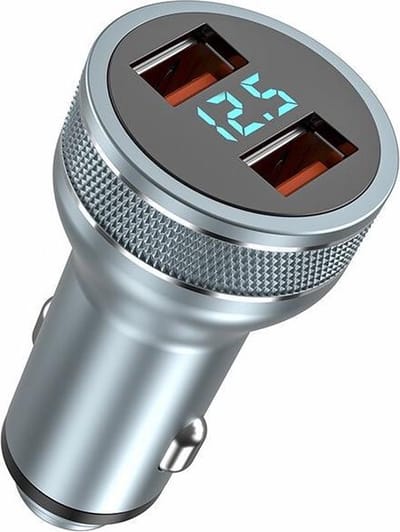 DrPhone Invisible3 - 2x USB QC3.0 3A/9V Autolader - Snel Opladen -12-24V- 36W met Digitale Display Spanningsdetectie - Zilver