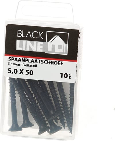Blackline bevestigingsmaterialen - Zwarte spaanplaatschroeven met HCP-coating – Blackline - Platkop / 5.0 x 50mm / 10
