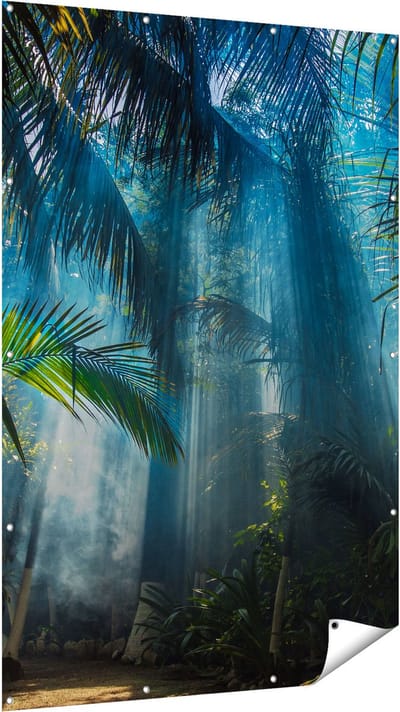 Gards Tuinposter Dichtbegroeide Jungle met Zonnestralen - 120x180 cm - Tuindoek - Tuindecoratie - Wanddecoratie buiten - Tuinschilderij