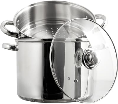 RVS Stoompan – Ø 25,5 x 33,5 cm – Grote Roestvrijstalen Stoomkoker met Glazen Deksel & Stomerinzet – Duurzame Stoof- en Stoompan voor Groenten, Vis, Rijst & Pasta – Zilverkleurig