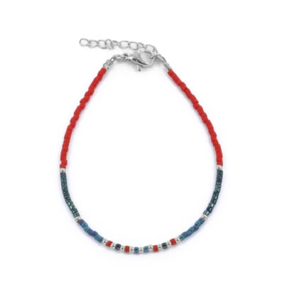 CO88 Collcetion 8CB-91174 Kralenarmband met Miyuki Kralen - 16+3cm - Petrol en Rood - Zilverkleurig