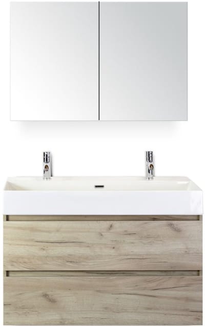 Maxx XL Badmeubelset 100 cm - Craft Oak - Wastafel Kube 2 Kraangaten met Spiegelkast