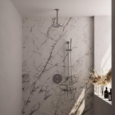 Brauer Brushed Edition thermostatische inbouw regendouche 3-weg rond SET 89 met 20 cm douchekop en plafondarm en staaf handdouche en doucheslang en geïntegreerde glijstang RVS geborsteld PVD