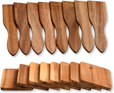 Kesper Gourmetspatels met onderzetters voor pannetjes - 16x - acacia hout - 13 x 4 cm - gourmetten