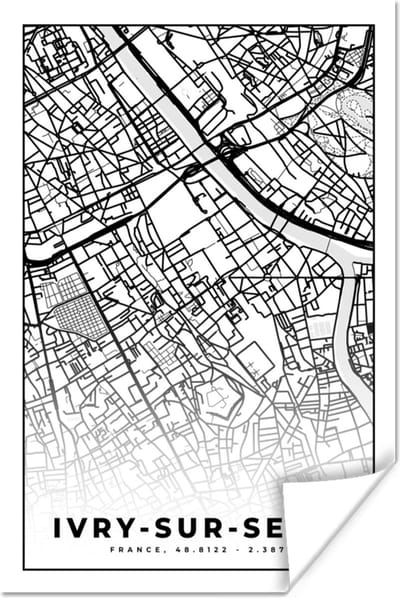 Poster Kaart - Ivry-sur-Seine - Stadskaart - Frankrijk - Plattegrond - Zwart wit - 120x180 cm XXL