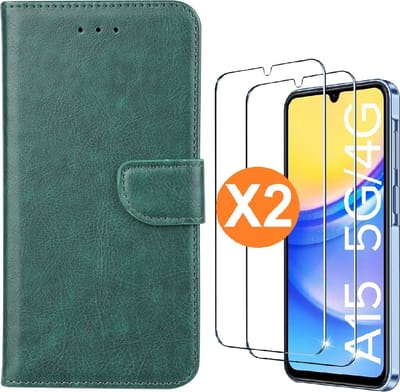 Hoesje geschikt voor Samsung Galaxy A15 5G / 4G hoesje bookcase Groen - Met screenprotector tempered glass Galaxy A15 - 2x