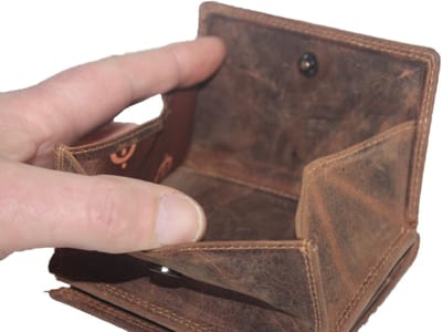 Oi Hunter bruine leren billfold met Wiener schachtel aan de buitenkant / afsluitbare portemonnee met vierkant munt vak / beurs voor veel pasjes met uitvouwbaar vierkant muntbakje / anti skim / bruin leer / 271H
