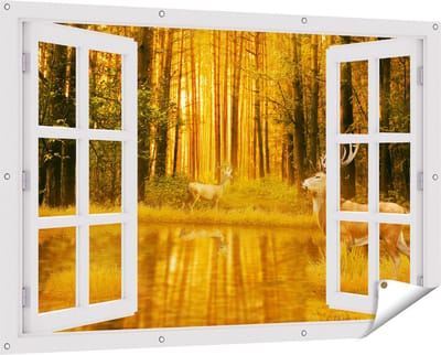 Gards Tuinposter Doorkijk Twee Herten in het Bos bij het Water - 150x100 cm - Tuindoek - Tuindecoratie - Wanddecoratie buiten - Tuinschilderij