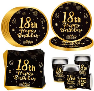 SnelShoppen - 18e Verjaardag Feest Servies voor 16 Gasten - Zwart Gouden Borden, Bekers, Servetten - Happy Birthday Decoratie voor Mannen en Vrouwen