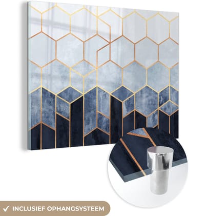 MuchoWow® Glasschilderij 120x90 cm - Schilderij acrylglas - Hexagon - Gold - Luxe - Patronen - Foto op glas - Schilderijen