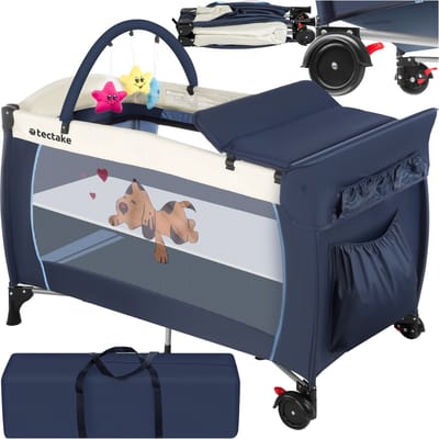 tectake® Kinderreisbedje in hoogte verstelbaar met aankleedkussen en draagtas - Incl. boog met speelfiguren - 132x75x104 cm - diverse kleuren - Blauw