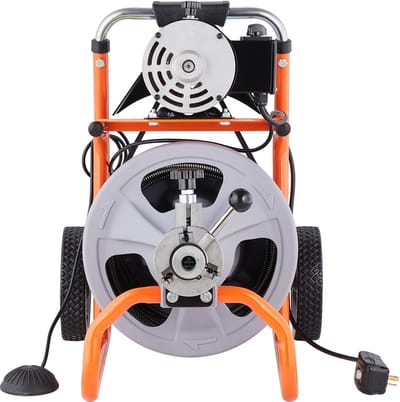 Pijpreinigingsmachine 75 voet x 3/8 inch, draagbare pijpreinigingsspiraal met automatische toevoer, 8 snijders en luchtgeactiveerde voetschakelaar voor 2“-4” pijpen