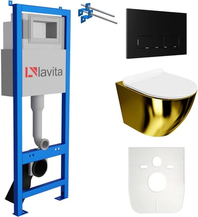 LAVITA® Inbouwreservoir Complete Toiletset LAV 101 - Inbouw WC Hangtoilet Wandcloset SOFI SLIM GOLD WHITE - Bedieningsplaat 200.3.4 Zwart - Voorwandelement voor toilet 40cm - Installatiesysteem