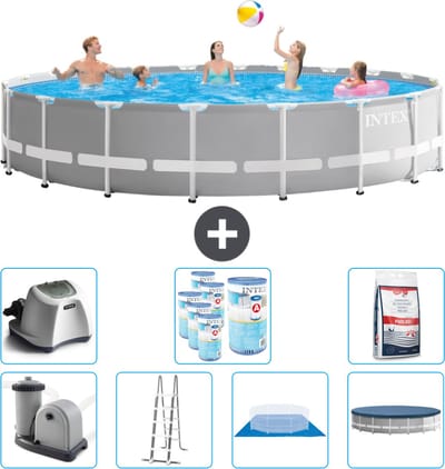Intex Rond Prism Frame Zwembad - 610 x 132 cm - Grijs - Inclusief Pomp - Ladder - Grondzeil - Afdekzeil Zoutwatersysteem - Filters - Zwembadzout