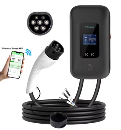 Laadpaal 7,4 kW met gratis app | 5 meter vaste kabel Type 2 | 3 RFID pasjes | Mobiele app / Wifi | IP65 waterdicht | Type B beveiliging | 2 jaar garantie | Slimme Wallbox 7,4 kW 1 fase 32A