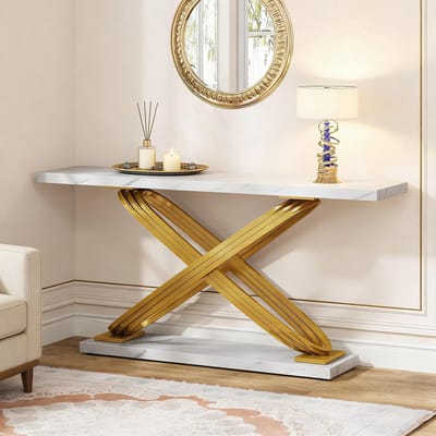 HAUSS SPOLE Consoletafel - Luxe Design Met Kunstmarmer Blad - Voor Hal Woonkamer Of Kantoor - Metaal En Hout - Goud Wit