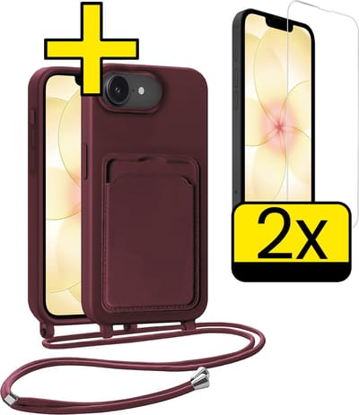 Hoesje Geschikt voor iPhone 17e Hoesje Met Koord Met 2x Screenprotector Siliconen Case - Hoes Geschikt voor iPhone 17e Backcover Met Afneembaar Koord - Aubergine