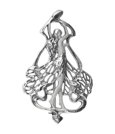 Zilveren Vrouw in opengewerkte jurk Art Nouveau Jugendstil XL hanger en broche