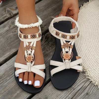Bloemenkraal Boheemse Sandalen voor Dames Zomer Romeinse Stijl Comfortabele Platte Sandalen Vrouw Lichtgewicht Antislip Strandschoenen 36 black