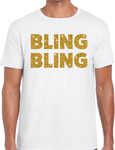 Bellatio Decorations Bling Bling T-shirt - wit - gouden glitter tekst - heren - Verkleed shirt - cadeau S
