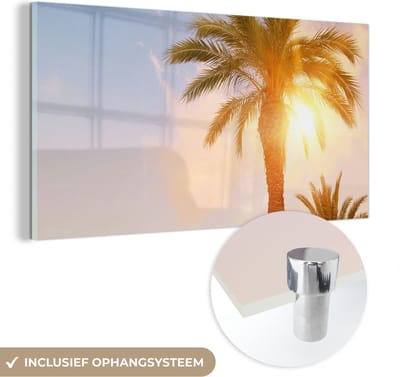 MuchoWow® Glasschilderij 40x20 cm - Schilderij acrylglas - Palmboom - Zomer - Zon - Tropical - Foto op glas - Schilderijen